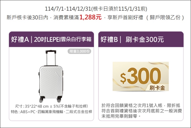 信用卡 》114年多家銀行信用卡新戶首刷禮行李箱、登機箱、旅行箱、旅行背包篇(114.11.24更新) - 第8張圖 信用卡 》114年多家銀行信用卡新戶首刷禮行李箱、登機箱、旅行箱、旅行背包篇(114.11.24更新)