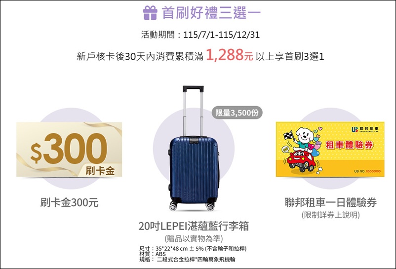 信用卡 》115年多家銀行信用卡新戶首刷禮行李箱、登機箱、旅行箱、旅行背包篇(115.07.03更新)